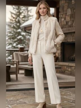Vintage Rare Cream Colored Zip Up Rabbit Fur Jacket With Knit Sleeves M